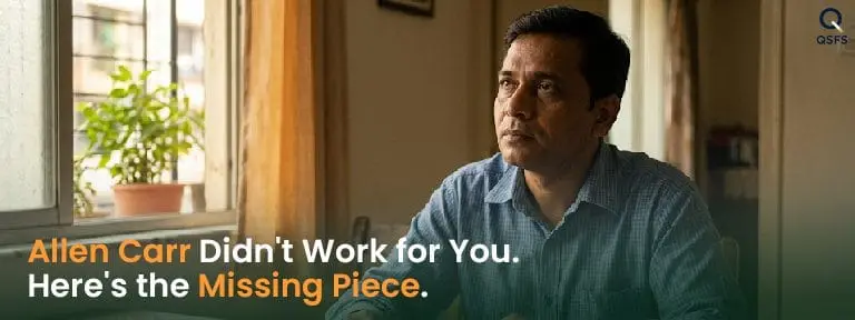 Indian man sitting thoughtfully with a book — representing someone who has tried Allen Carr's method and is searching for what comes next