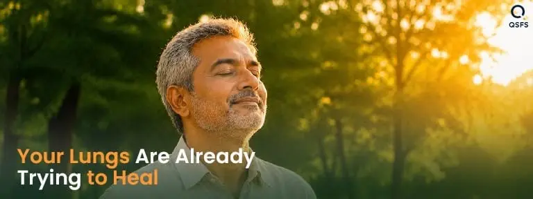 Indian man breathing deeply in golden morning light — representing lung recovery after quitting smoking at 1 year 5 years 10 years