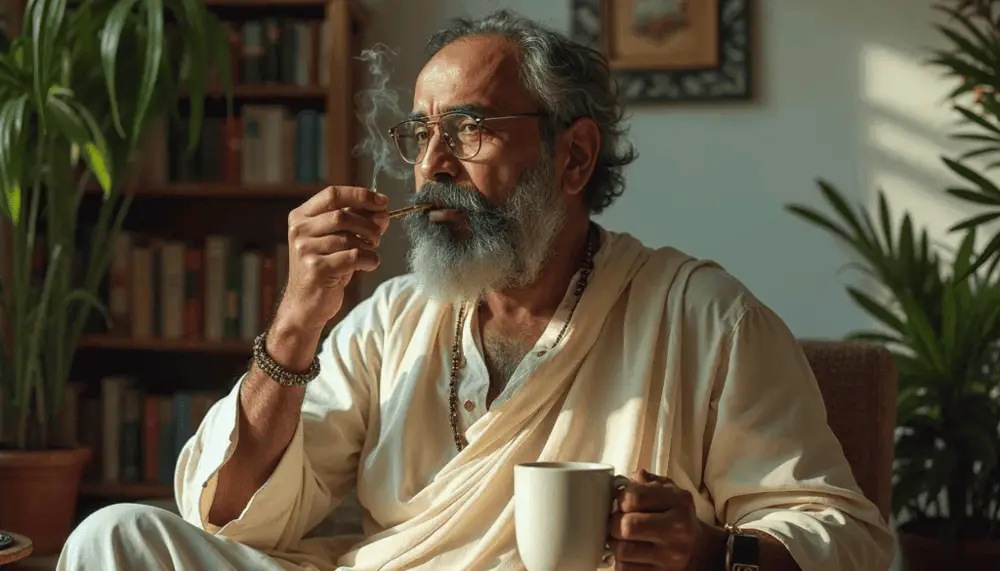 A smoker pairing an Ayurvedic cigarette with coffee, highlighting how habits perpetuate addiction.