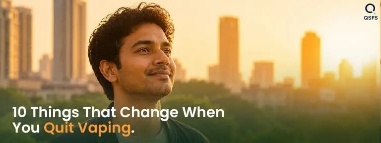 Young Indian professional standing in golden morning light — representing the benefits of quitting vaping