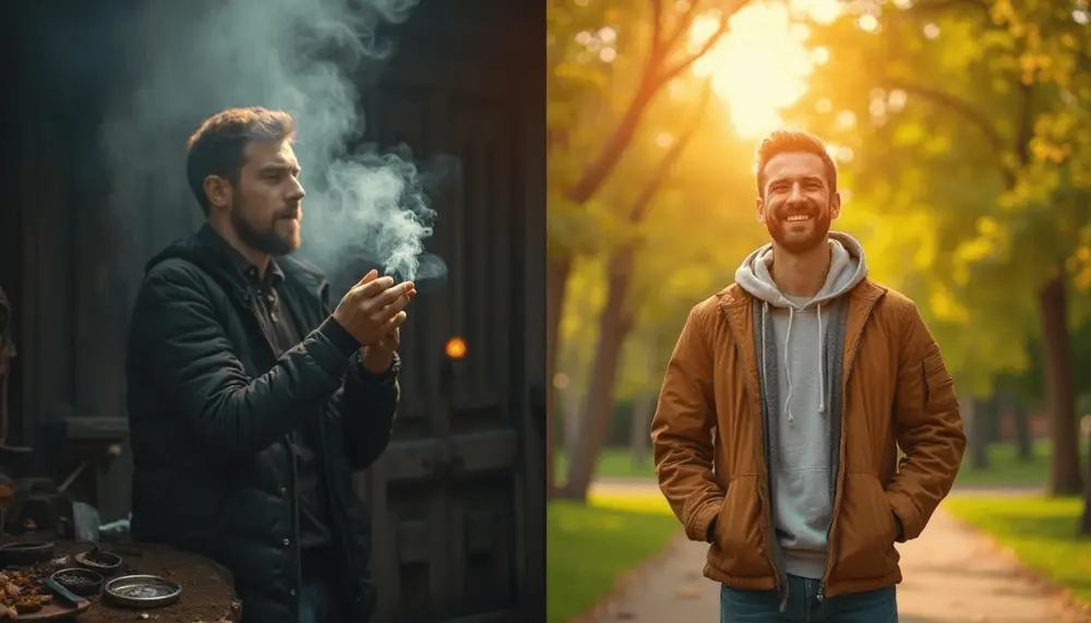 A comparison showing how quitting smoking boosts self-confidence and improves physical appearance.