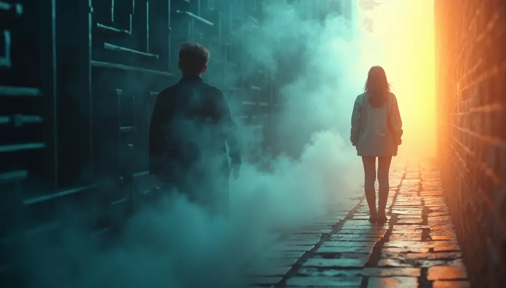 A smoker trapped in a maze of stress and guilt versus a smoke-free individual on a path to emotional growth.