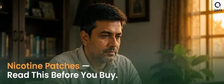 Indian man researching thoughtfully — representing careful review of nicotine patches before purchase in India