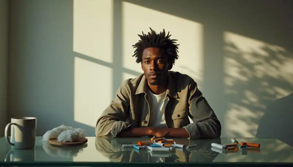 Image of a stressed person trying to decide between cigarettes and nicotine gum