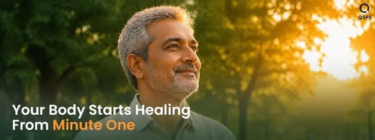 Indian man standing peacefully in golden morning light — representing the complete timeline of body recovery after quitting nicotine