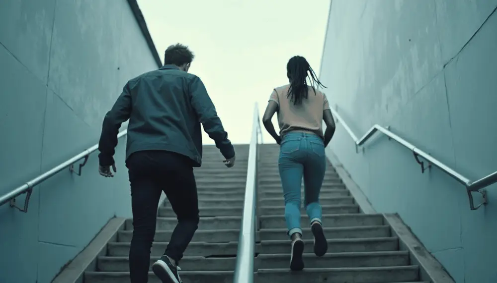 Smoker struggling with stairs while a non-smoker climbs with ease, showing the impact of smoking on physical stamina.