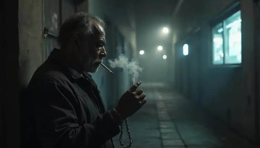 A person feeling chained to their cigarette, representing emotional dependency and loss of confidence.