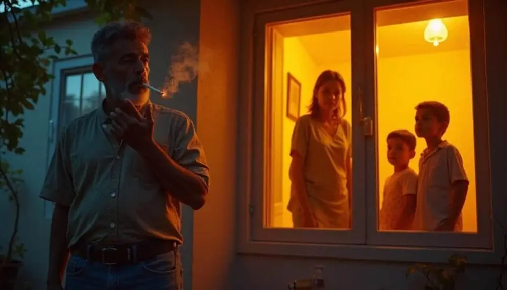 A smoker standing apart from their family, showing the emotional gap smoking creates.
