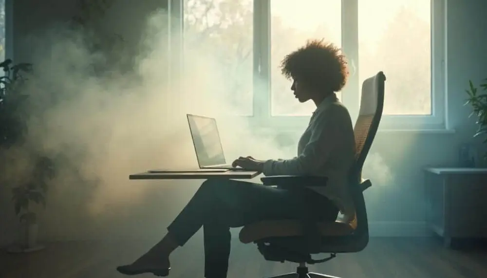Cigarette smoke rising from an office chair, symbolizing reduced energy due to smoking.