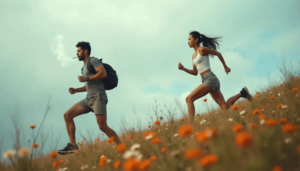Comparison of a smoker struggling with fitness while a non-smoker runs freely, showcasing the physical impact of smoking