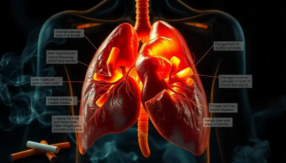 Illustration showing the effects of smoking on the heart, lungs, and liver.