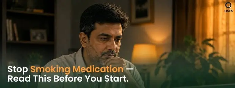 Indian man researching thoughtfully at home — representing careful review of stop smoking medication before starting