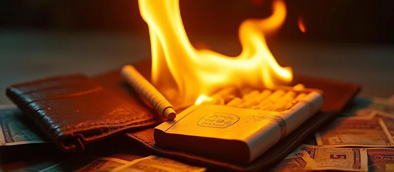 "Hero image showing a wallet burning with cigarettes, symbolizing the hidden costs of smoking.