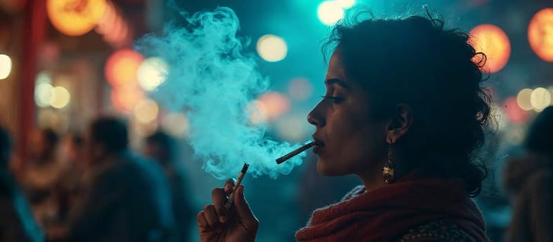 A smoker using Ayurvedic cigarettes, with harmful smoke emphasizing hidden risks.