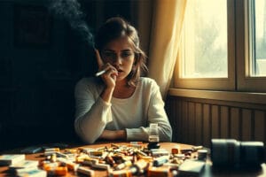 A frustrated smoker surrounded by herbal supplements and cigarettes, symbolizing the failure of natural remedies to reduce nicotine cravings.