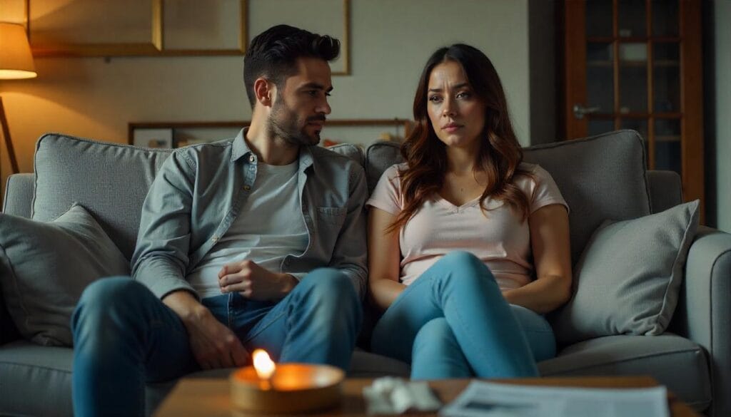 A couple experiencing emotional strain due to smoking-related challenges.