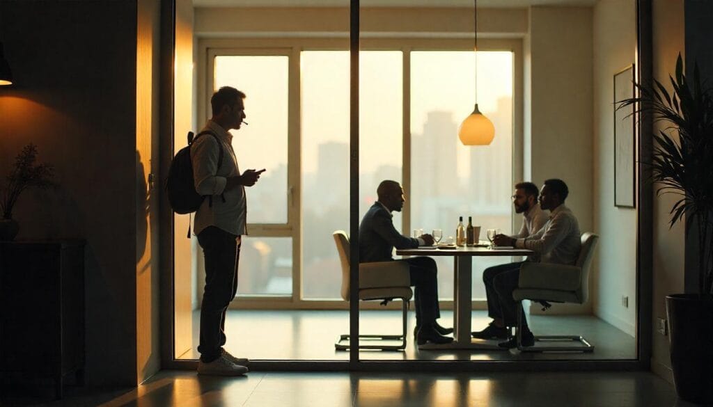 Employee taking a smoke break while others are focused on work, highlighting career impact.