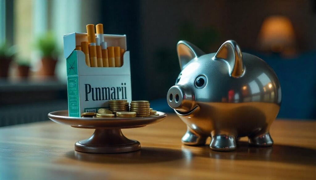 Scale comparing the financial cost of smoking to savings for a better future.