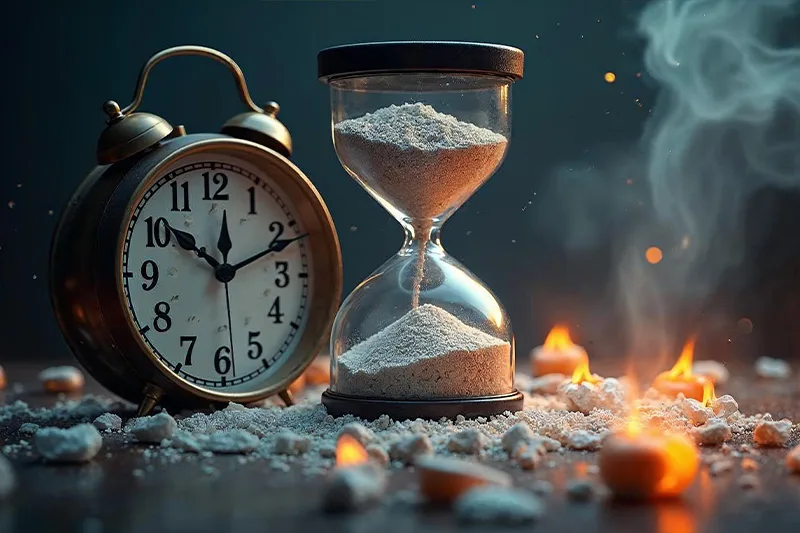 A symbolic image showing time wasted on smoking, represented by cigarette ashes in an hourglass.