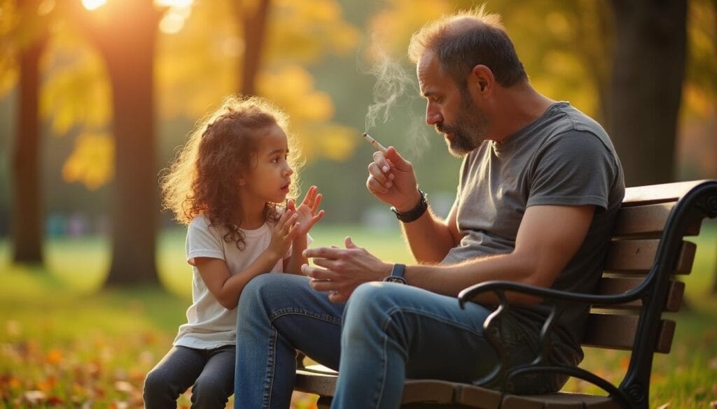 A child observing their smoking parent versus spending quality time with a smoke-free parent.