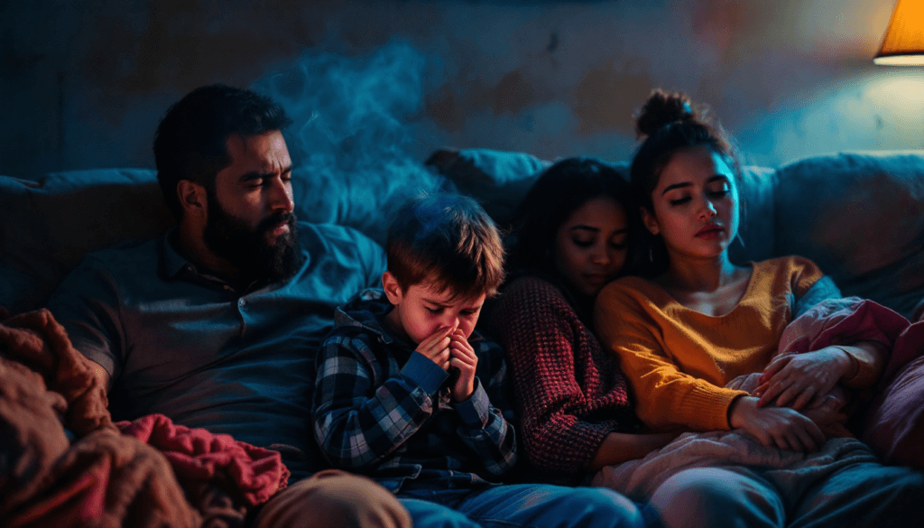 Secondhand smoke affecting a child and family members in a home setting.