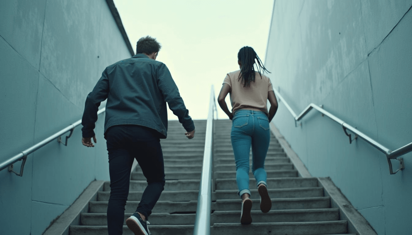 Smoker struggling with stairs while a non-smoker climbs with ease, showing the impact of smoking on physical stamina.