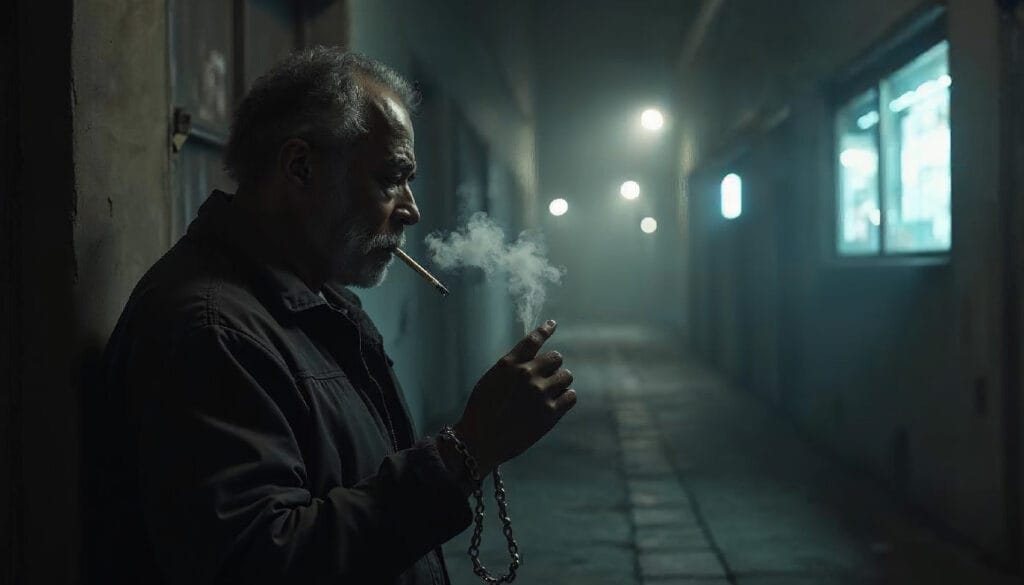 A person feeling chained to their cigarette, representing emotional dependency and loss of confidence.