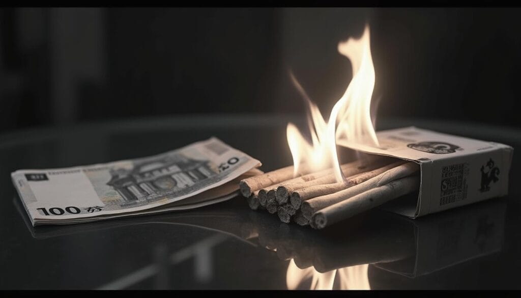 Financial cost of smoking represented by burning money."