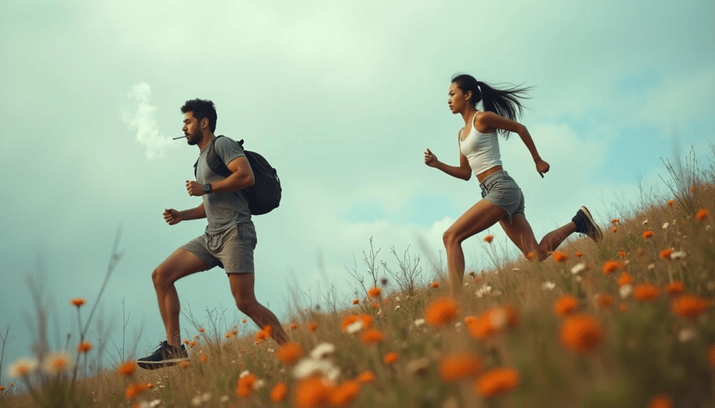 Comparison of a smoker struggling with fitness while a non-smoker runs freely, showcasing the physical impact of smoking