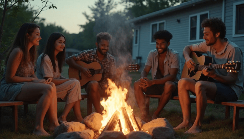 A person smoking alone while friends enjoy a bonfire, symbolizing how nicotine creates emotional barriers
